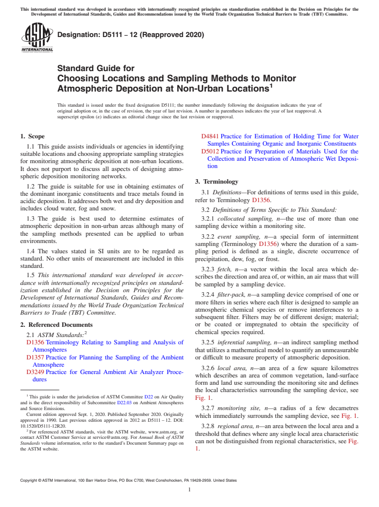 ASTM D5111-12(2020) - Standard Guide for  Choosing Locations and Sampling Methods to Monitor Atmospheric  Deposition at Non-Urban Locations