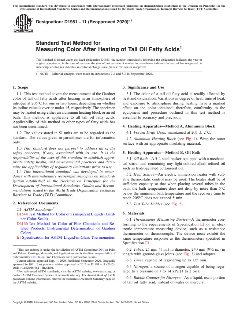 ASTM D1981-11(2020)e1 - Standard Test Method for Measuring Color After Heating of Tall Oil Fatty Acids