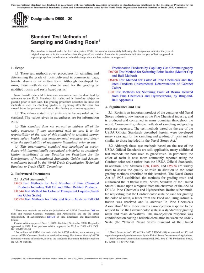 ASTM D509-20 - Standard Test Methods of Sampling and Grading Rosin