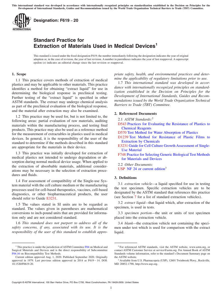 ASTM F619-20 - Standard Practice for Extraction of Materials Used in Medical Devices