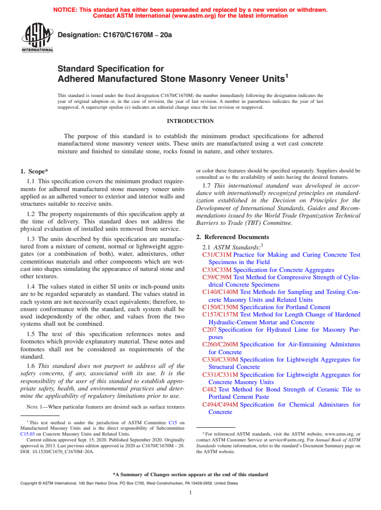 ASTM C1670/C1670M-20a - Standard Specification for Adhered Manufactured Stone Masonry Veneer Units