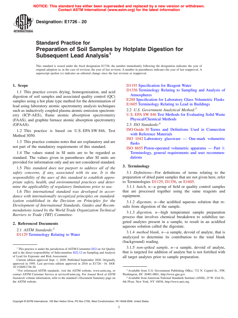 ASTM E1726-20 - Standard Practice for  Preparation of Soil Samples by Hotplate Digestion for Subsequent  Lead Analysis