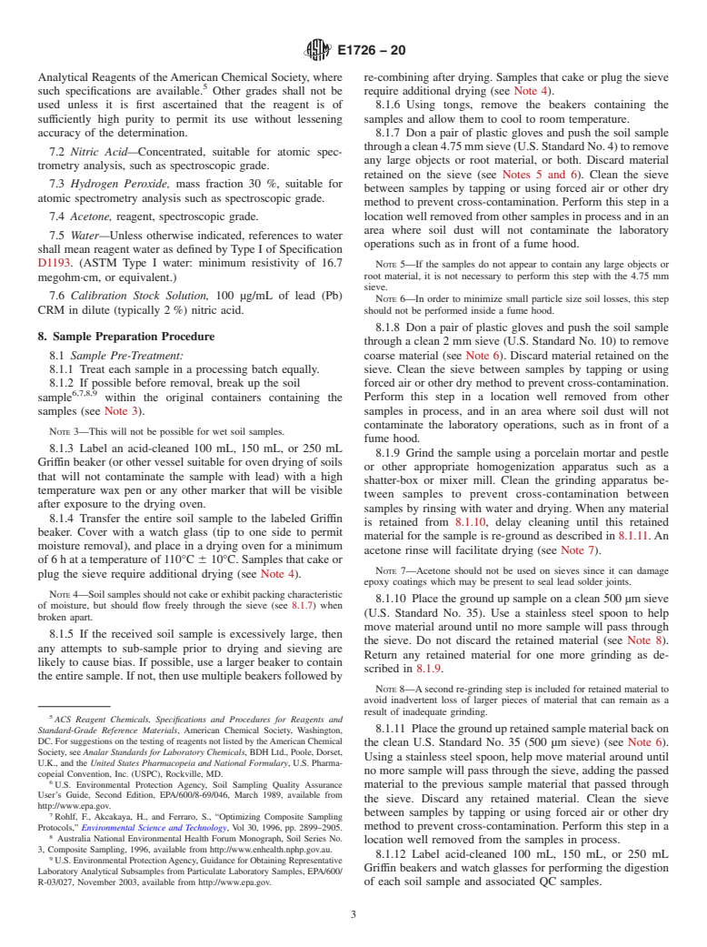 ASTM E1726-20 - Standard Practice for  Preparation of Soil Samples by Hotplate Digestion for Subsequent  Lead Analysis