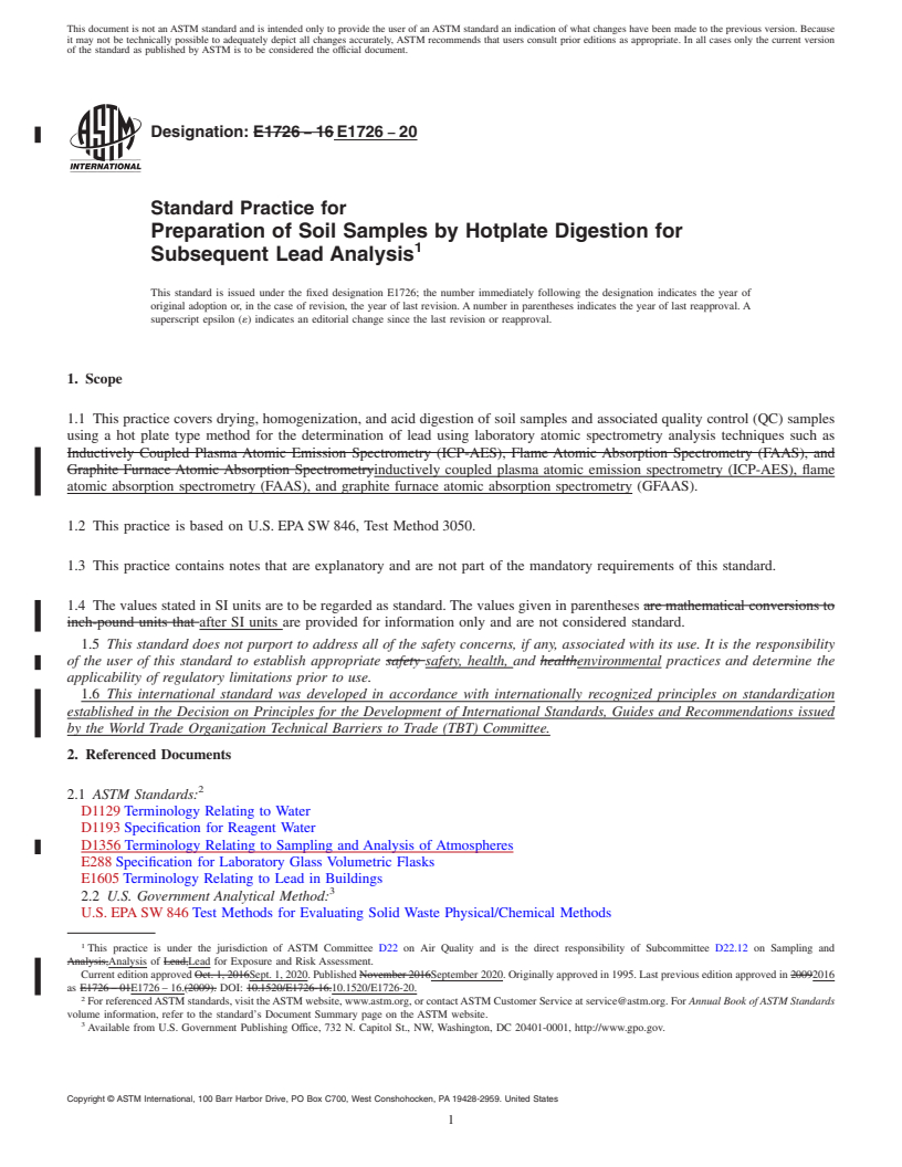 REDLINE ASTM E1726-20 - Standard Practice for  Preparation of Soil Samples by Hotplate Digestion for Subsequent  Lead Analysis