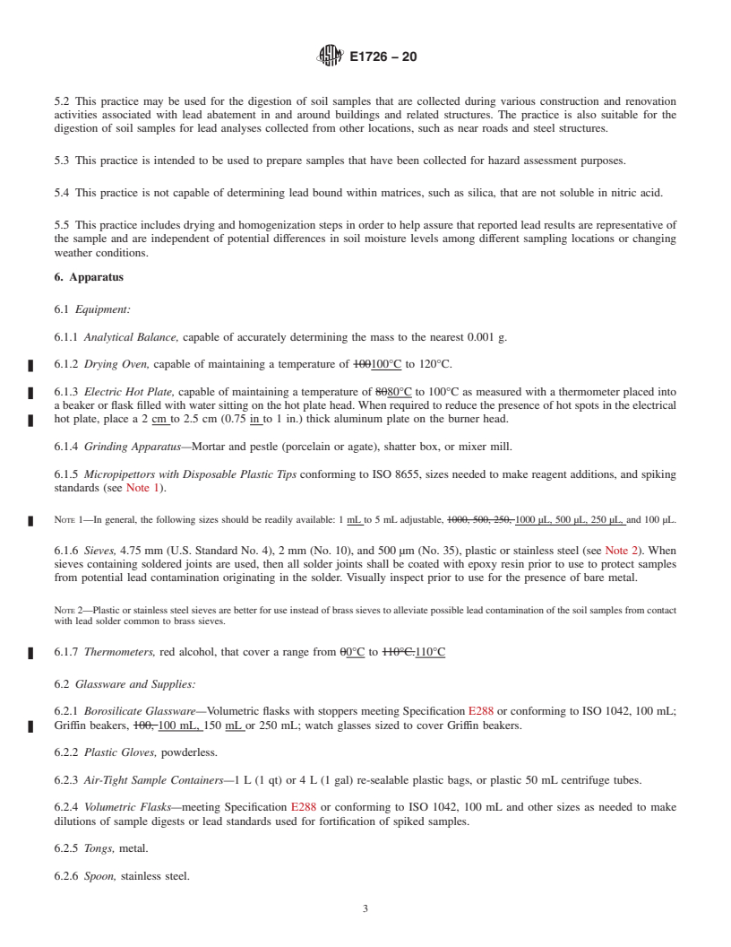 REDLINE ASTM E1726-20 - Standard Practice for  Preparation of Soil Samples by Hotplate Digestion for Subsequent  Lead Analysis