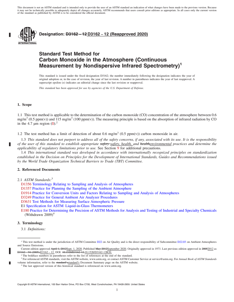 REDLINE ASTM D3162-12(2020) - Standard Test Method for  Carbon Monoxide in the Atmosphere (Continuous Measurement by Nondispersive Infrared Spectrometry)