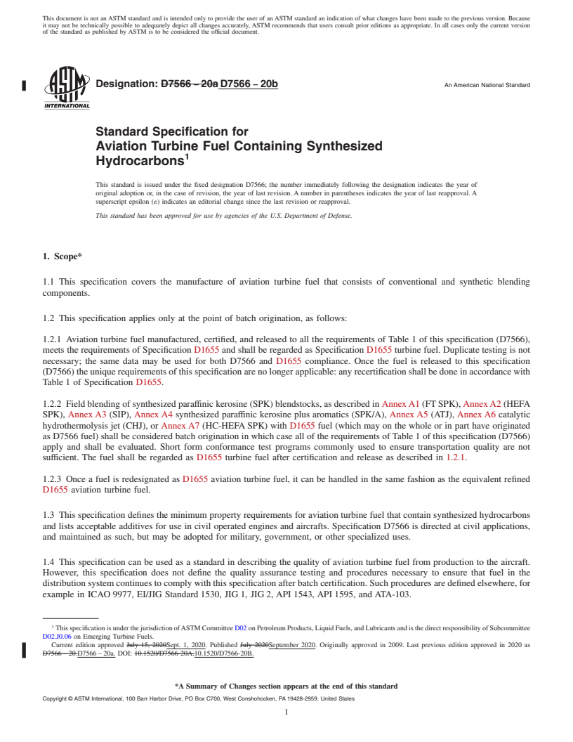 REDLINE ASTM D7566-20b - Standard Specification for Aviation Turbine Fuel Containing Synthesized Hydrocarbons