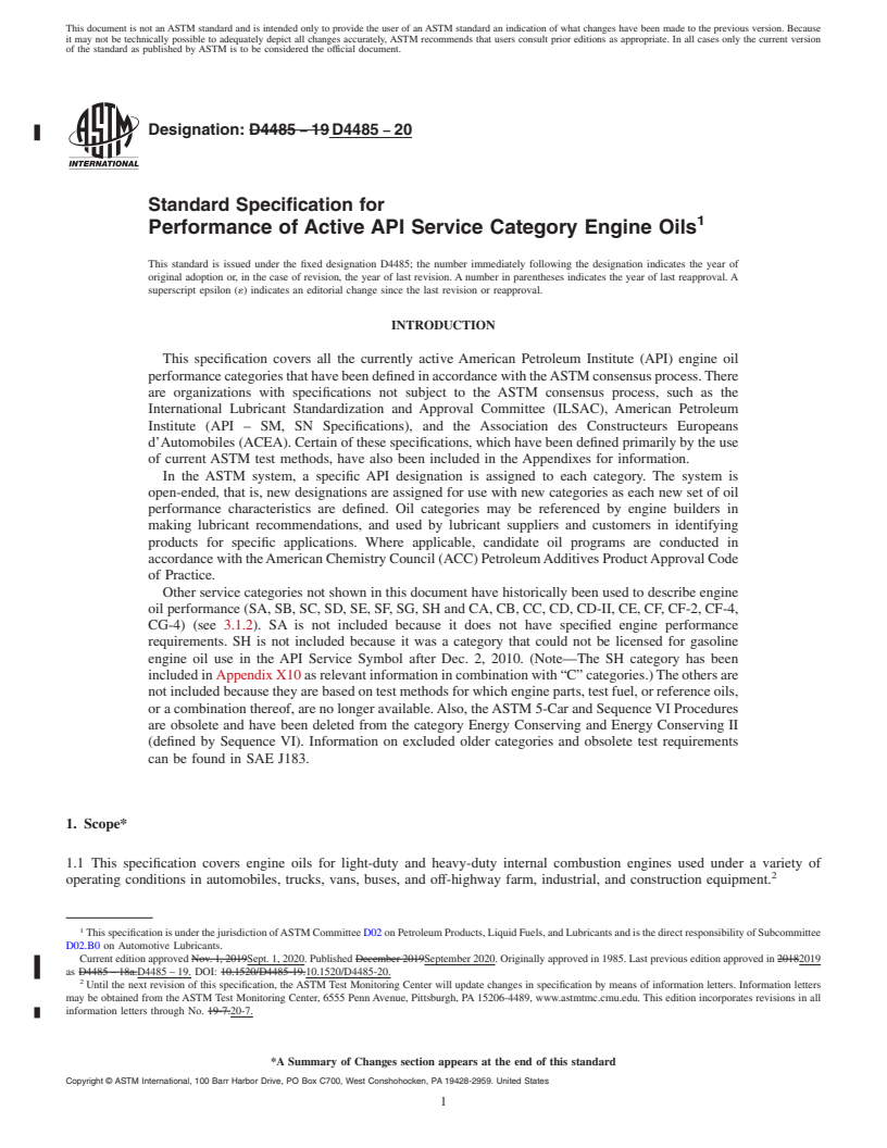 REDLINE ASTM D4485-20 - Standard Specification for  Performance of Active API Service Category Engine Oils