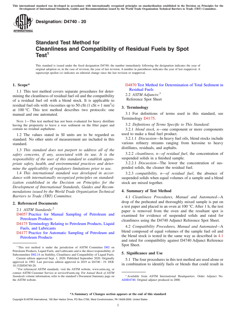 ASTM D4740-20 - Standard Test Method for Cleanliness and Compatibility of Residual Fuels by Spot Test