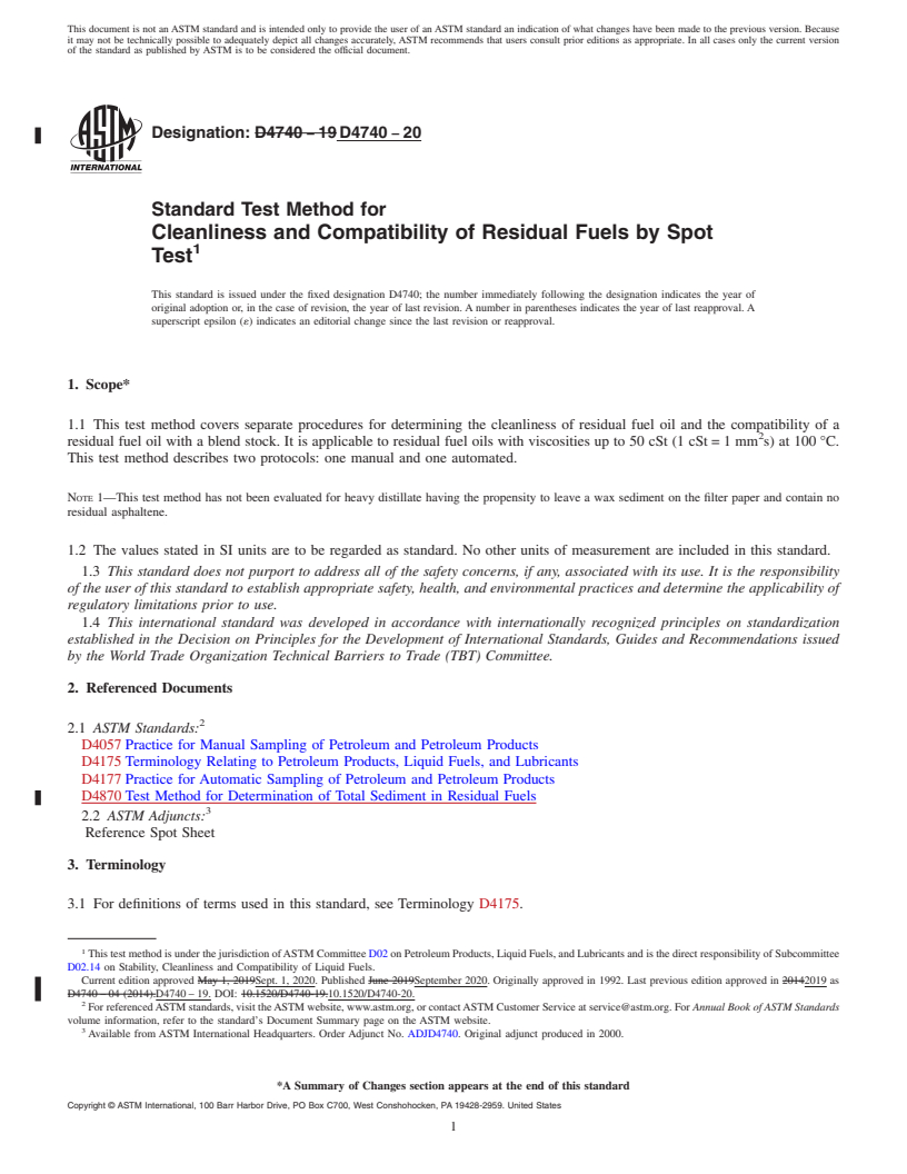 REDLINE ASTM D4740-20 - Standard Test Method for Cleanliness and Compatibility of Residual Fuels by Spot Test