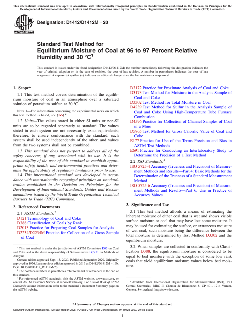 ASTM D1412/D1412M-20 - Standard Test Method for  Equilibrium Moisture of Coal at 96 to 97 Percent Relative Humidity  and 30&#x2009;&#xb0;C