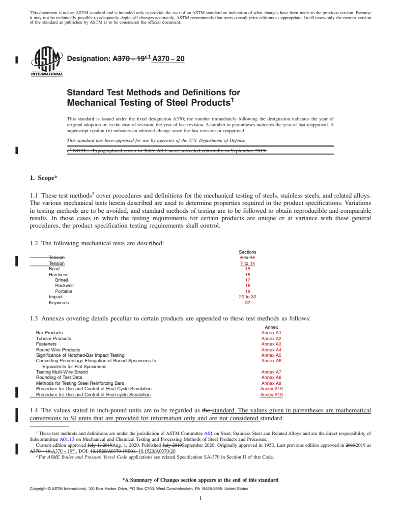 REDLINE ASTM A370-20 - Standard Test Methods and Definitions for Mechanical Testing of Steel Products