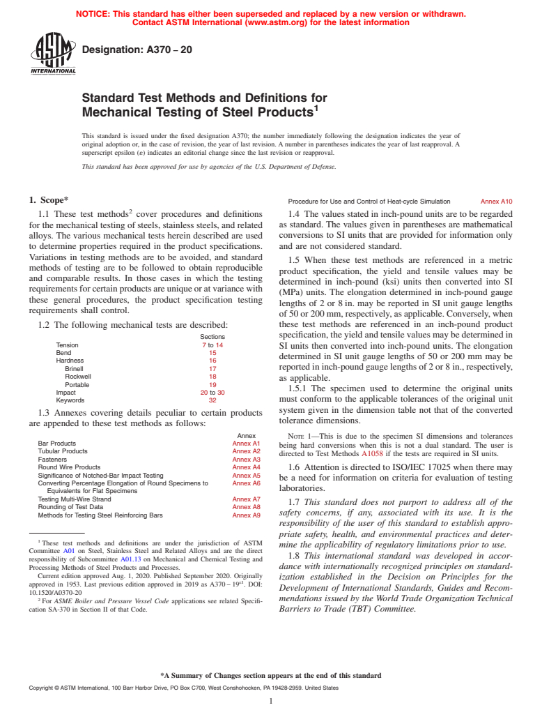 ASTM A370-20 - Standard Test Methods and Definitions for Mechanical Testing of Steel Products