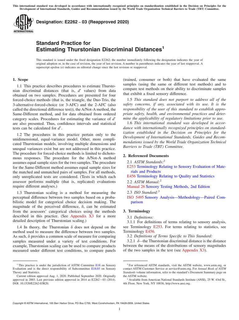 ASTM E2262-03(2020) - Standard Practice for  Estimating Thurstonian Discriminal Distances