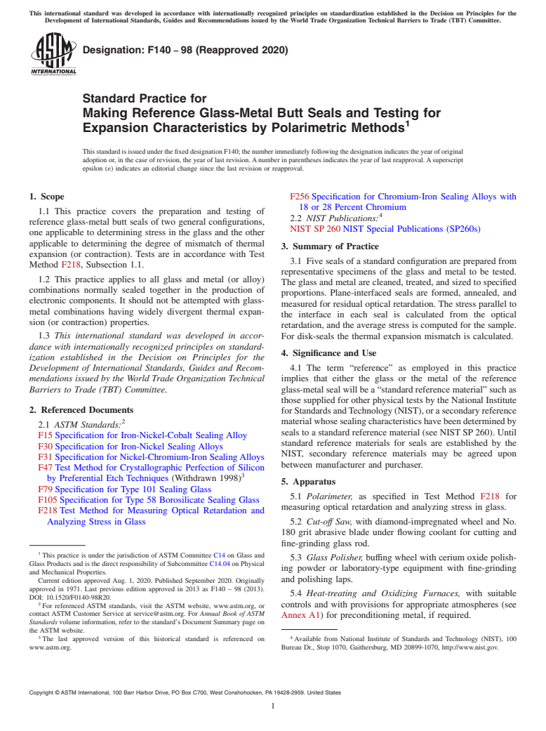 ASTM F140-98(2020) - Standard Practice for  Making Reference Glass-Metal Butt Seals and Testing for Expansion  Characteristics by Polarimetric Methods