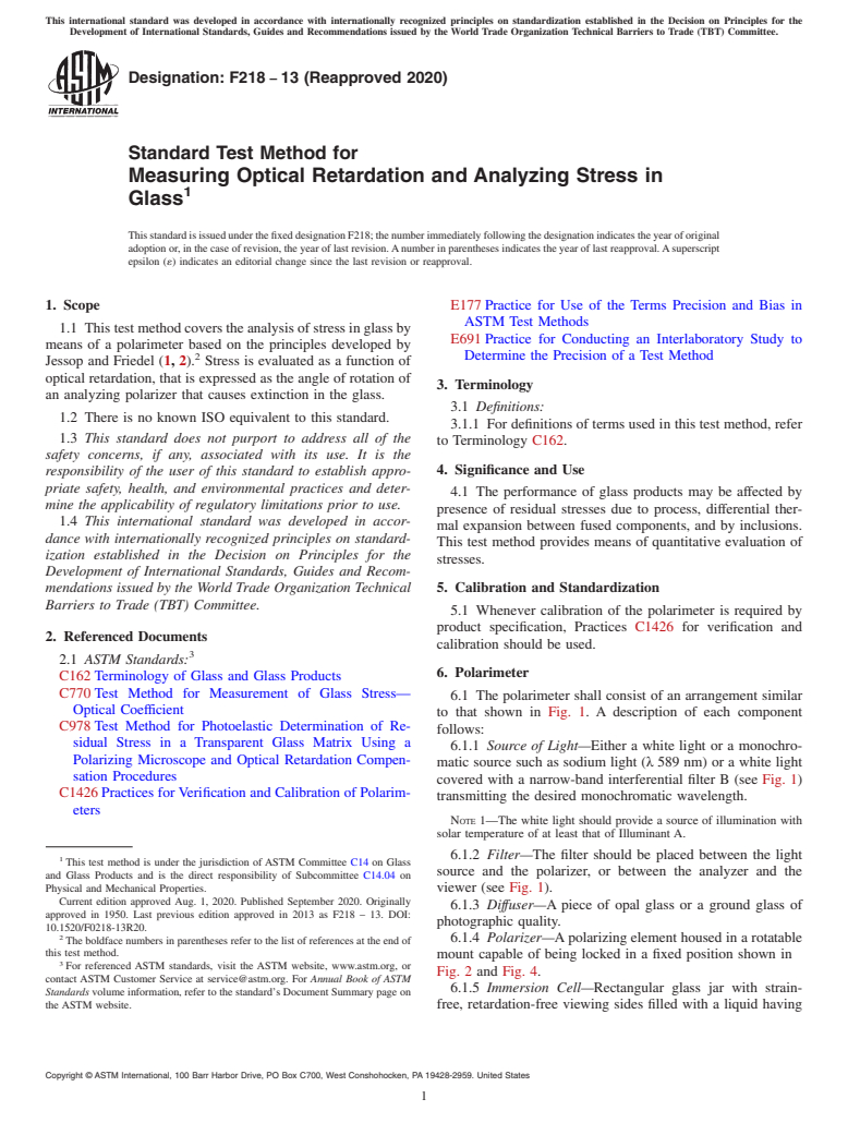 ASTM F218-13(2020) - Standard Test Method for  Measuring Optical Retardation and Analyzing Stress in Glass