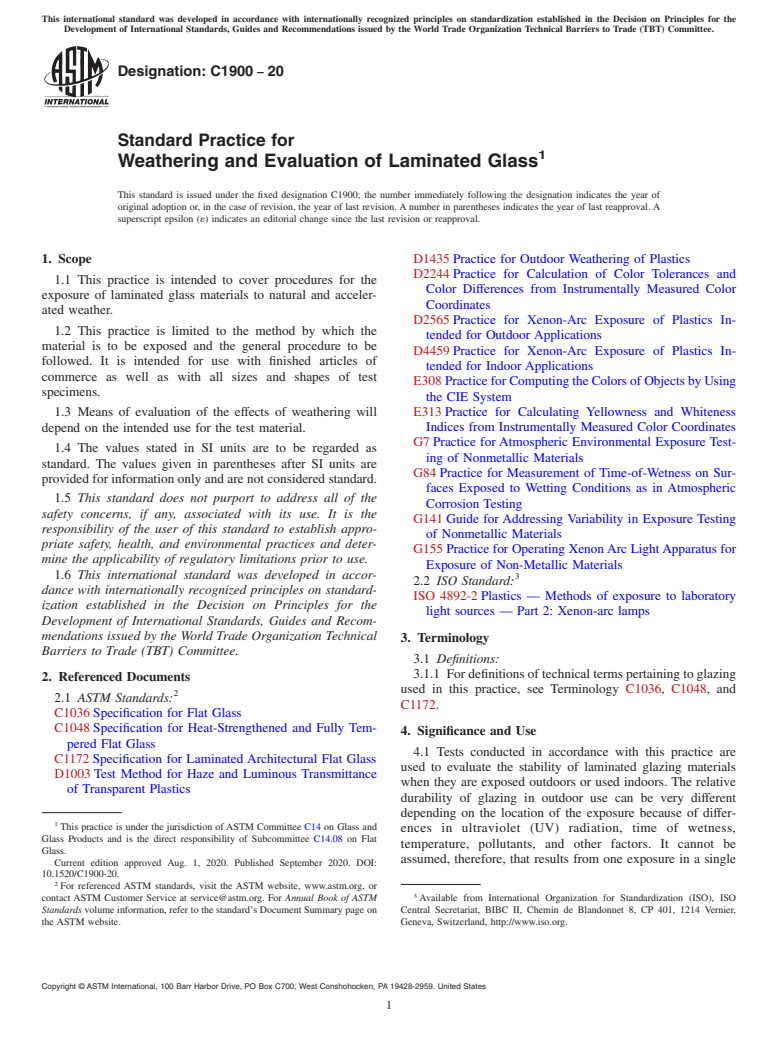 ASTM C1900-20 - Standard Practice for Weathering and Evaluation of Laminated Glass