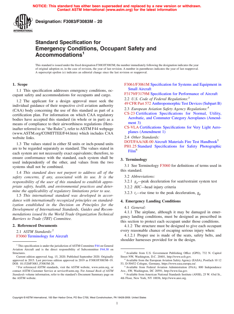 ASTM F3083/F3083M-20 - Standard Specification for Emergency Conditions, Occupant Safety and Accommodations