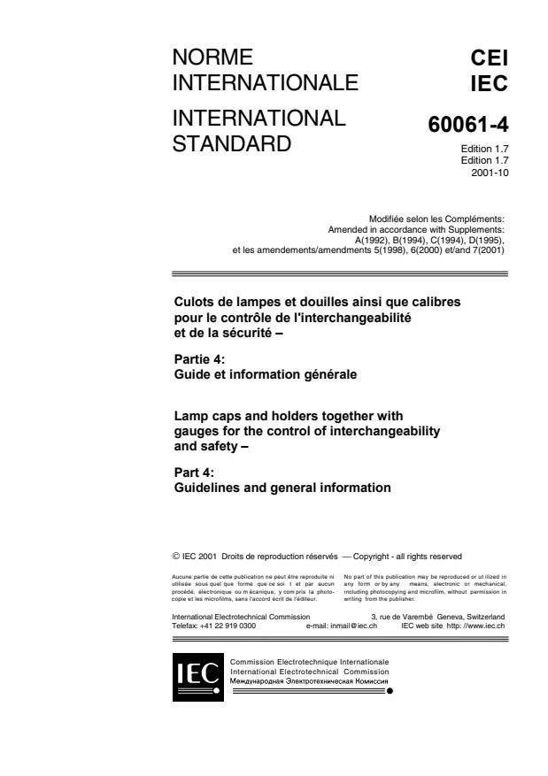 IEC 60061-4:1990/AMD7:2001 - Amendment 7 - Lamp caps and holders ...