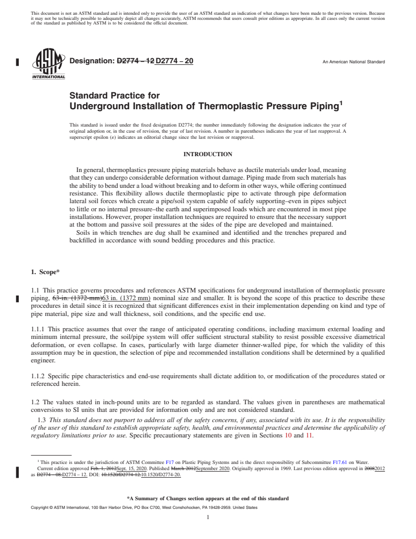 REDLINE ASTM D2774-20 - Standard Practice for  Underground Installation of Thermoplastic Pressure Piping
