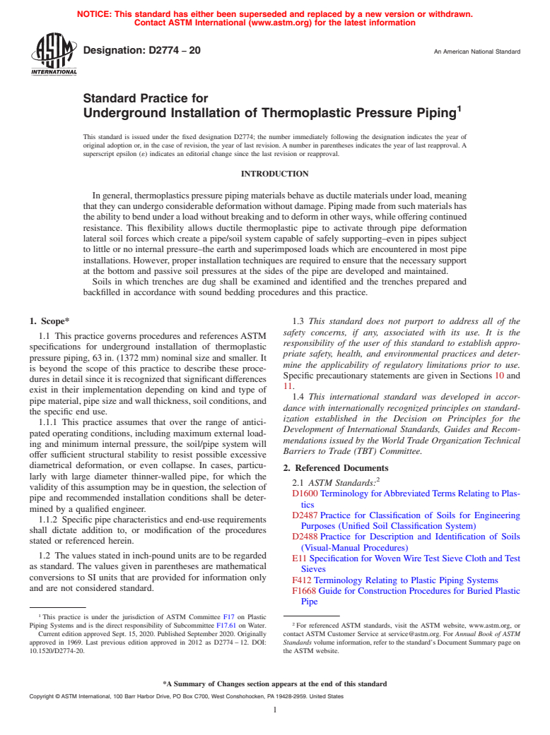 ASTM D2774-20 - Standard Practice for  Underground Installation of Thermoplastic Pressure Piping