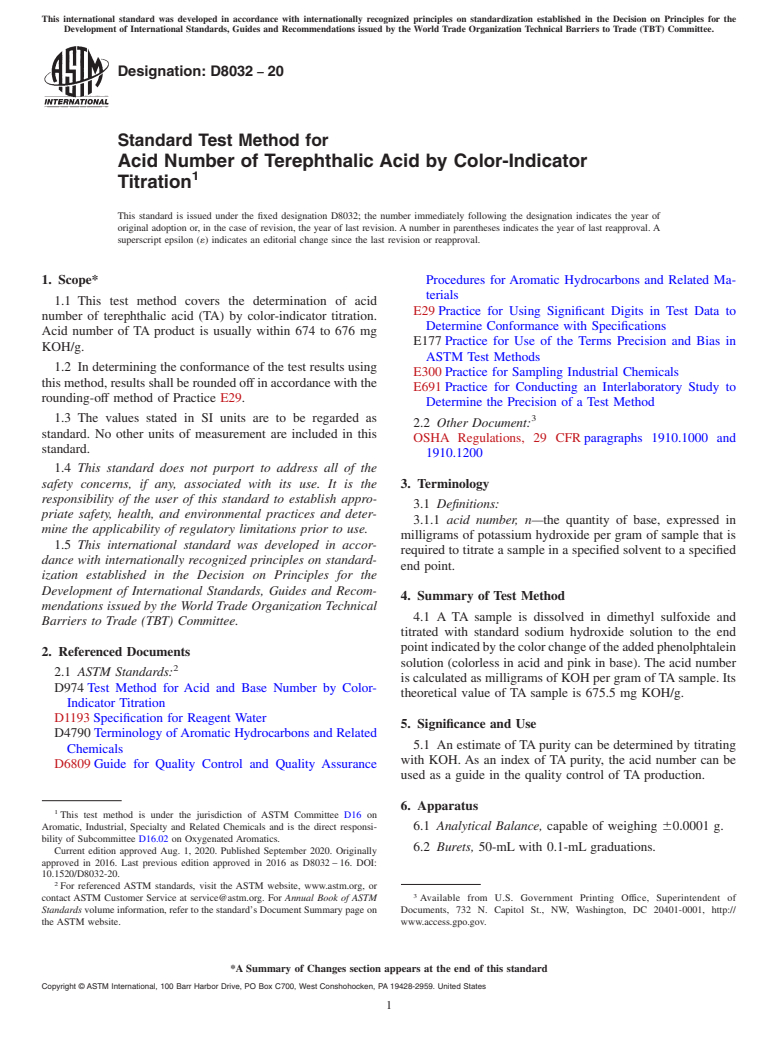 ASTM D8032-20 - Standard Test Method for Acid Number of Terephthalic Acid by Color-Indicator Titration