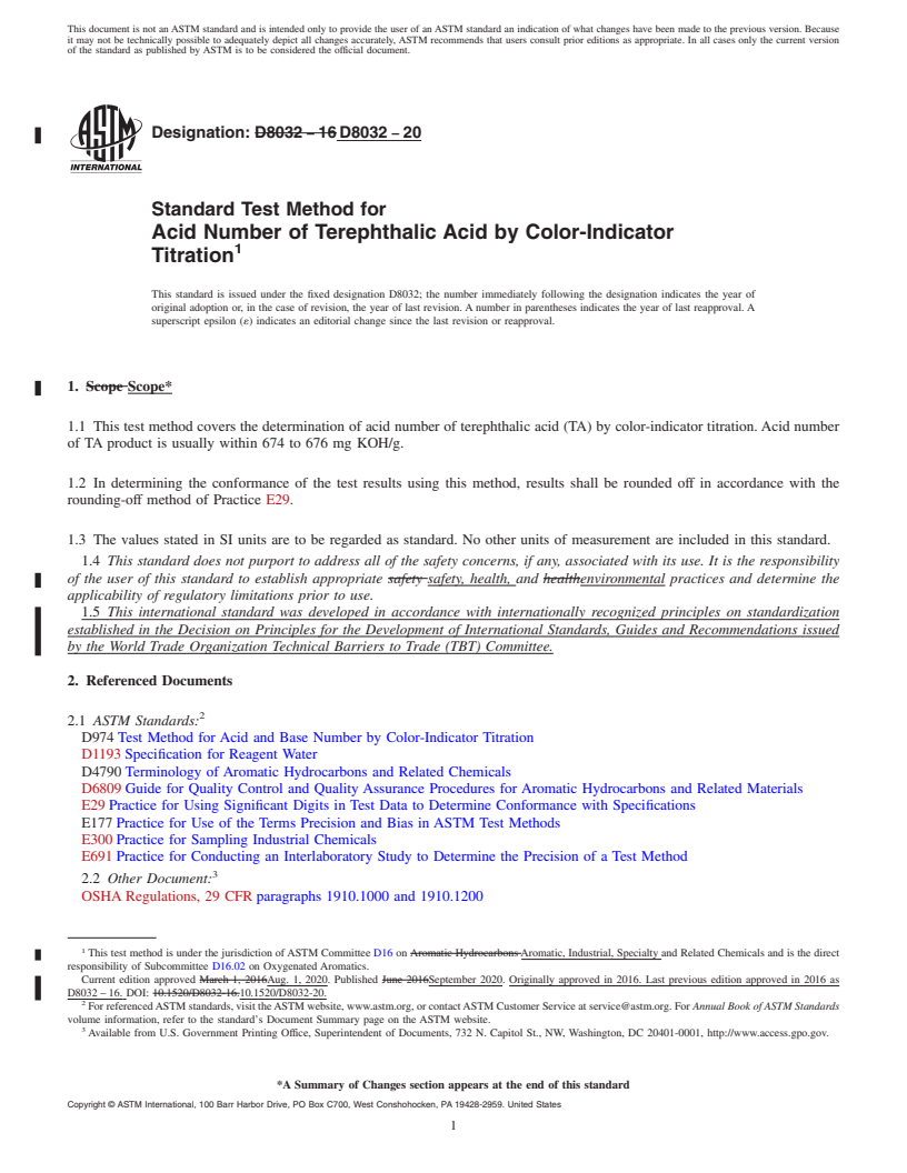 REDLINE ASTM D8032-20 - Standard Test Method for Acid Number of Terephthalic Acid by Color-Indicator Titration