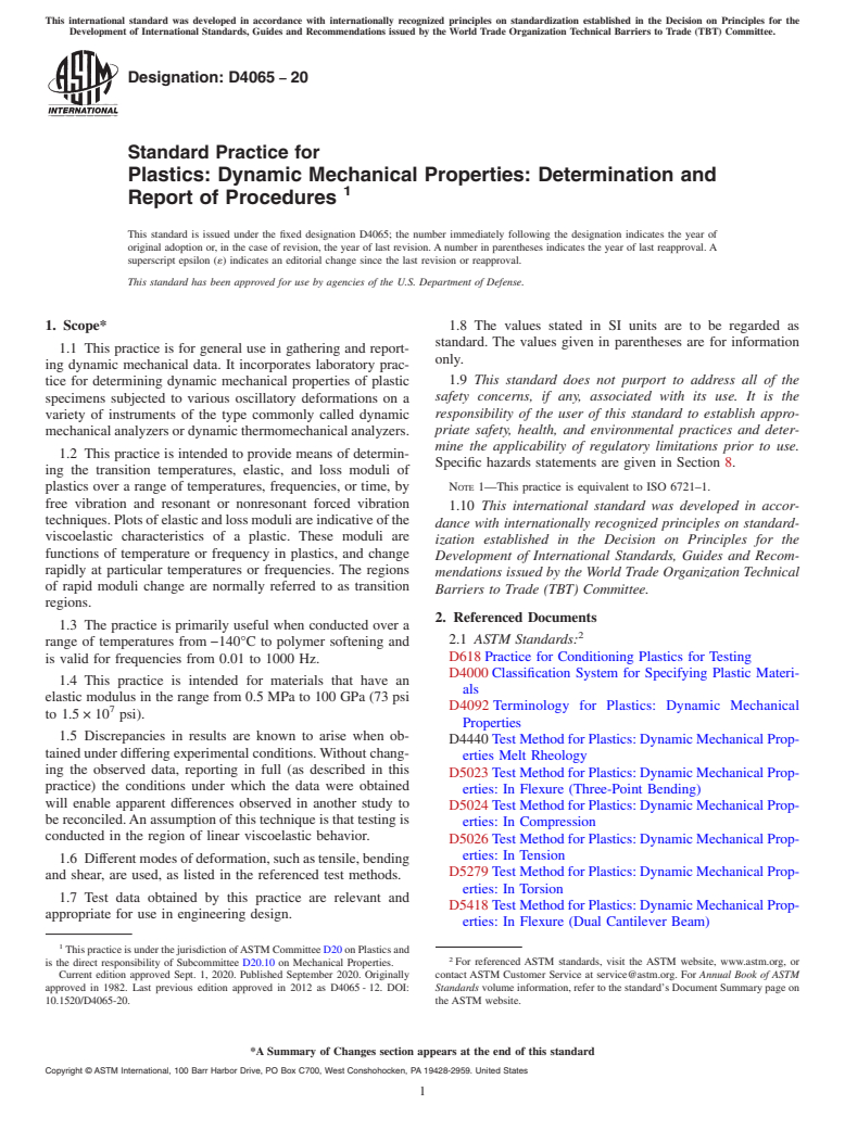 ASTM D4065-20 - Standard Practice for Plastics: Dynamic Mechanical Properties: Determination and  Report of Procedures