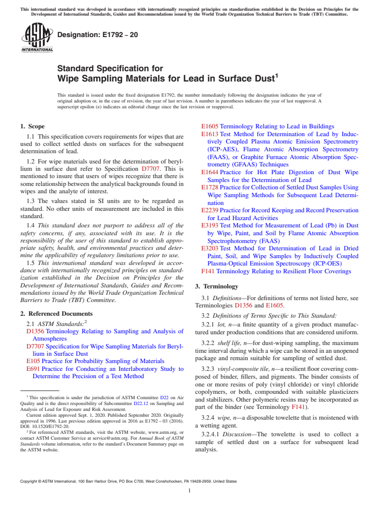 ASTM E1792-20 - Standard Specification for Wipe Sampling Materials for Lead in Surface Dust