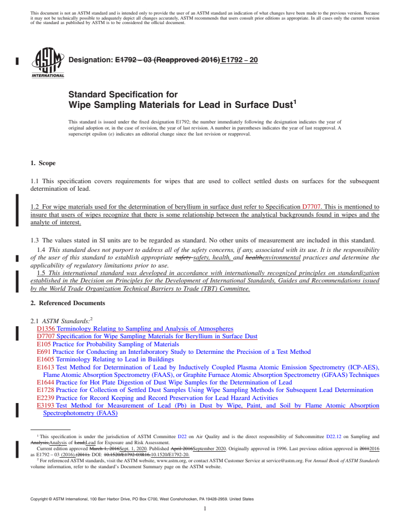 REDLINE ASTM E1792-20 - Standard Specification for Wipe Sampling Materials for Lead in Surface Dust