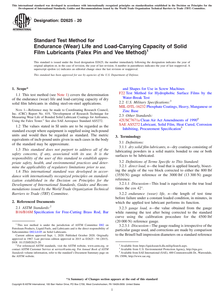 ASTM D2625-20 - Standard Test Method for  Endurance (Wear) Life and Load-Carrying Capacity of Solid Film   Lubricants (Falex Pin and Vee Method)