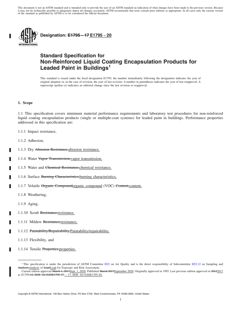 REDLINE ASTM E1795-20 - Standard Specification for Non-Reinforced Liquid Coating Encapsulation Products for Leaded  Paint in Buildings