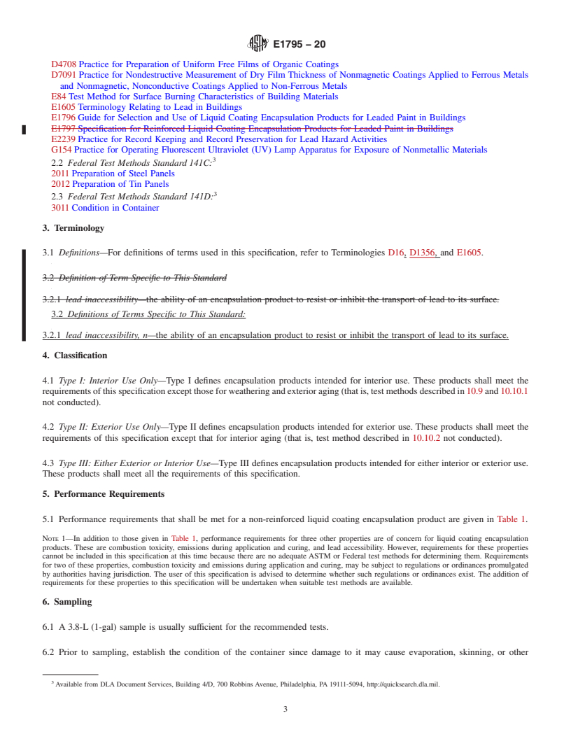 REDLINE ASTM E1795-20 - Standard Specification for Non-Reinforced Liquid Coating Encapsulation Products for Leaded  Paint in Buildings