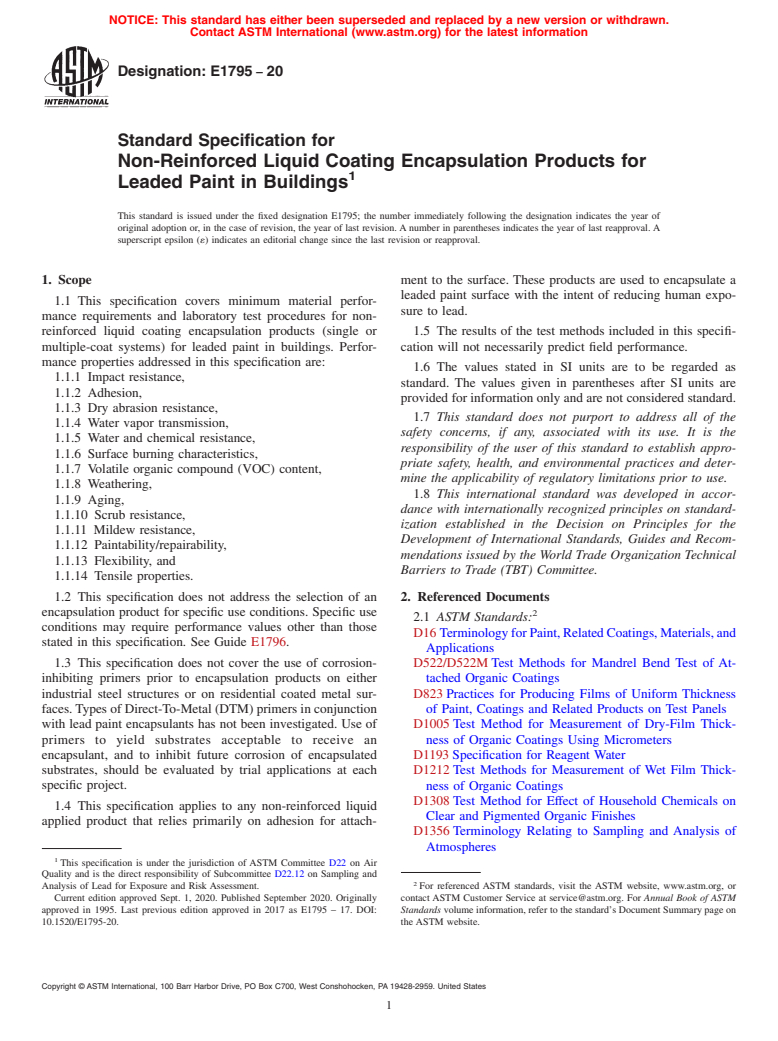 ASTM E1795-20 - Standard Specification for Non-Reinforced Liquid Coating Encapsulation Products for Leaded  Paint in Buildings