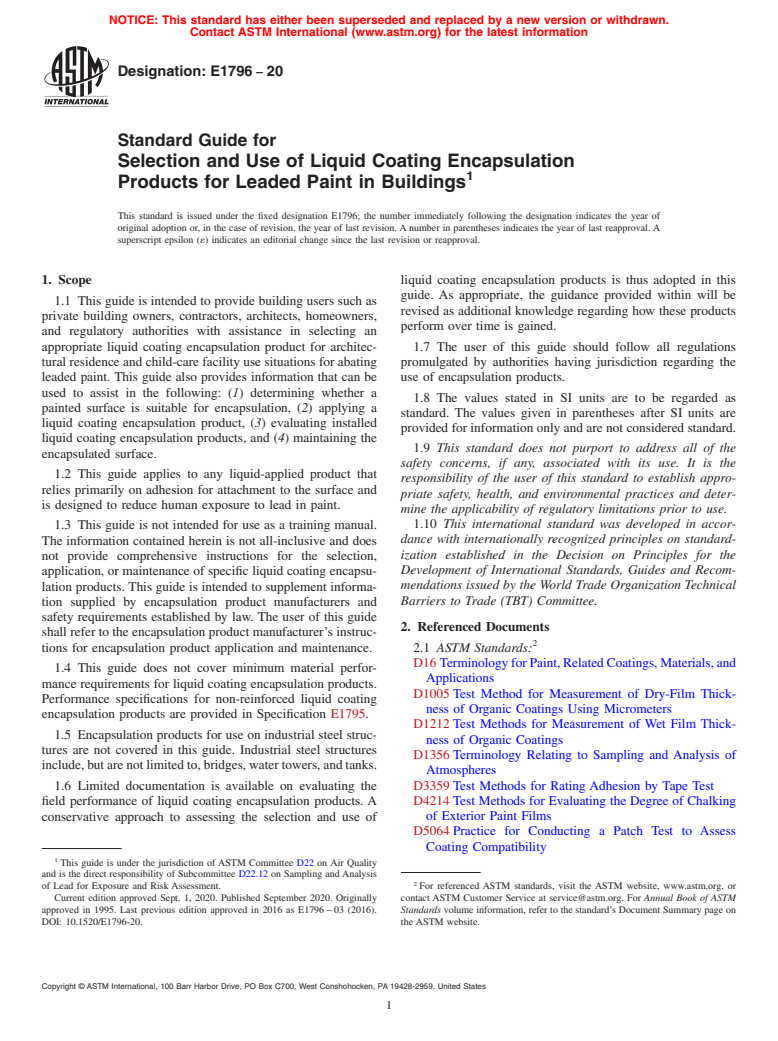 ASTM E1796-20 - Standard Guide for Selection and Use of Liquid Coating Encapsulation Products  for Leaded Paint in Buildings