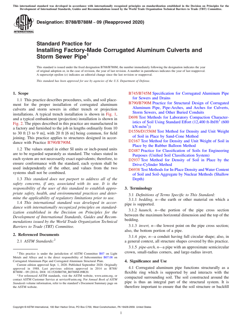 ASTM B788/B788M-09(2020) - Standard Practice for  Installing Factory-Made Corrugated Aluminum Culverts and Storm  Sewer Pipe