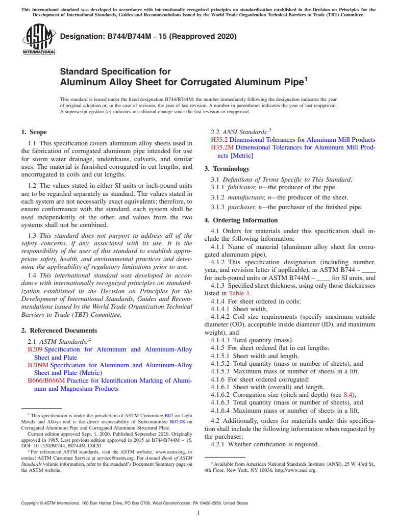 ASTM B744/B744M-15(2020) - Standard Specification for  Aluminum Alloy Sheet for Corrugated Aluminum Pipe