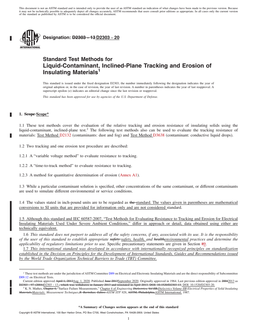 REDLINE ASTM D2303-20 - Standard Test Methods for  Liquid-Contaminant, Inclined-Plane Tracking and Erosion of  Insulating Materials