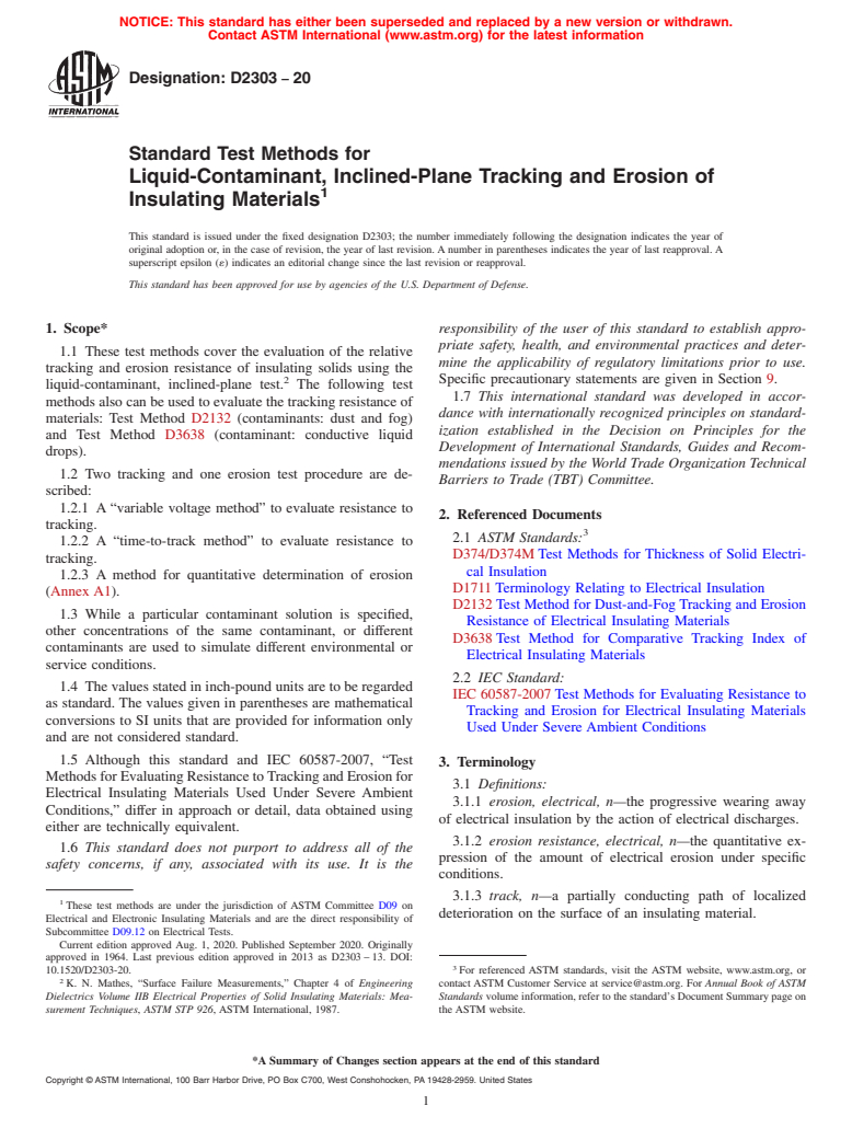 ASTM D2303-20 - Standard Test Methods for  Liquid-Contaminant, Inclined-Plane Tracking and Erosion of  Insulating Materials