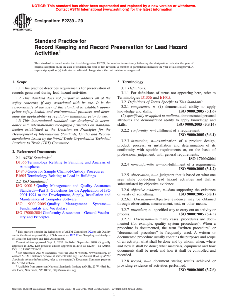 ASTM E2239-20 - Standard Practice for Record Keeping and Record Preservation for Lead Hazard Activities