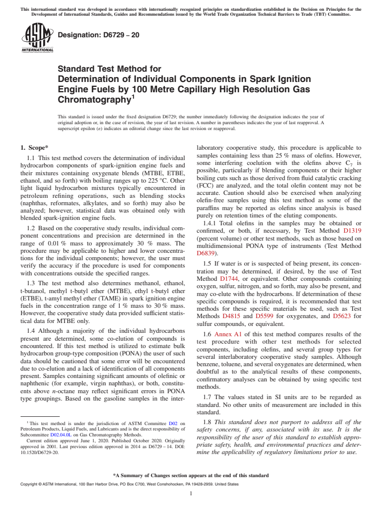 ASTM D6729-20 - Standard Test Method for Determination of Individual Components in Spark Ignition Engine  Fuels by 100 Metre Capillary High Resolution Gas Chromatography