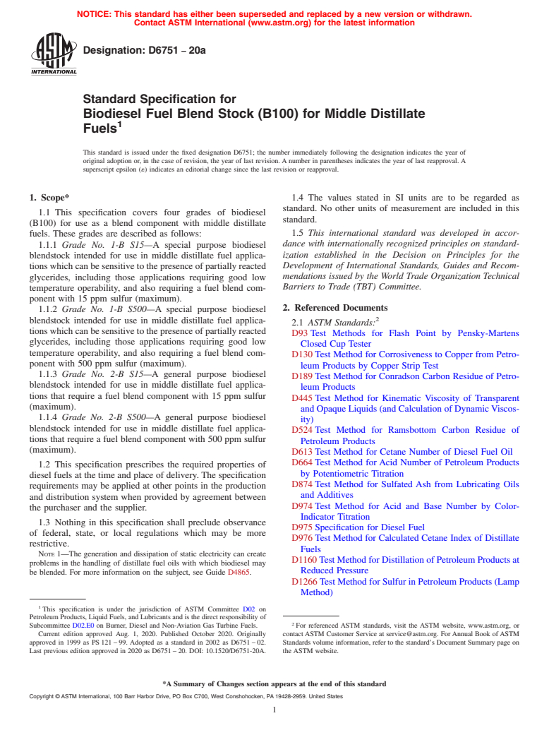 ASTM D6751-20a - Standard Specification for Biodiesel Fuel Blend Stock (B100) for Middle Distillate Fuels