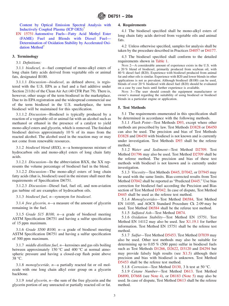 ASTM D6751-20a - Standard Specification for Biodiesel Fuel Blend Stock (B100) for Middle Distillate Fuels