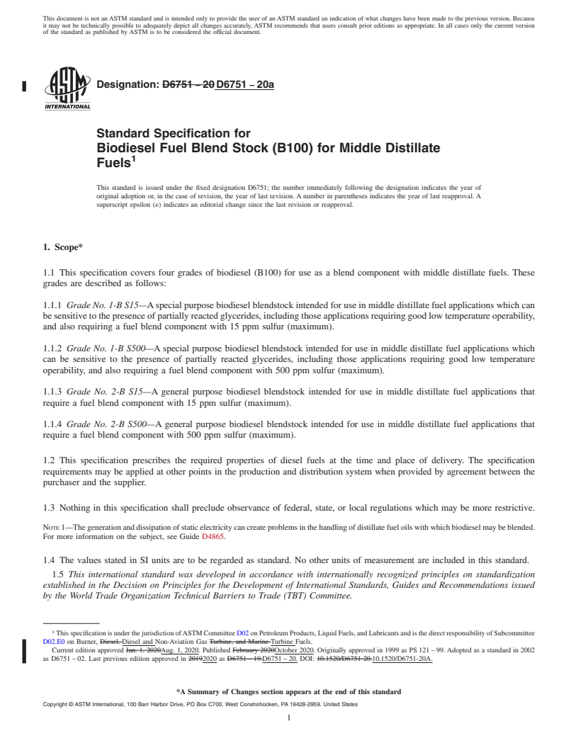 REDLINE ASTM D6751-20a - Standard Specification for Biodiesel Fuel Blend Stock (B100) for Middle Distillate Fuels