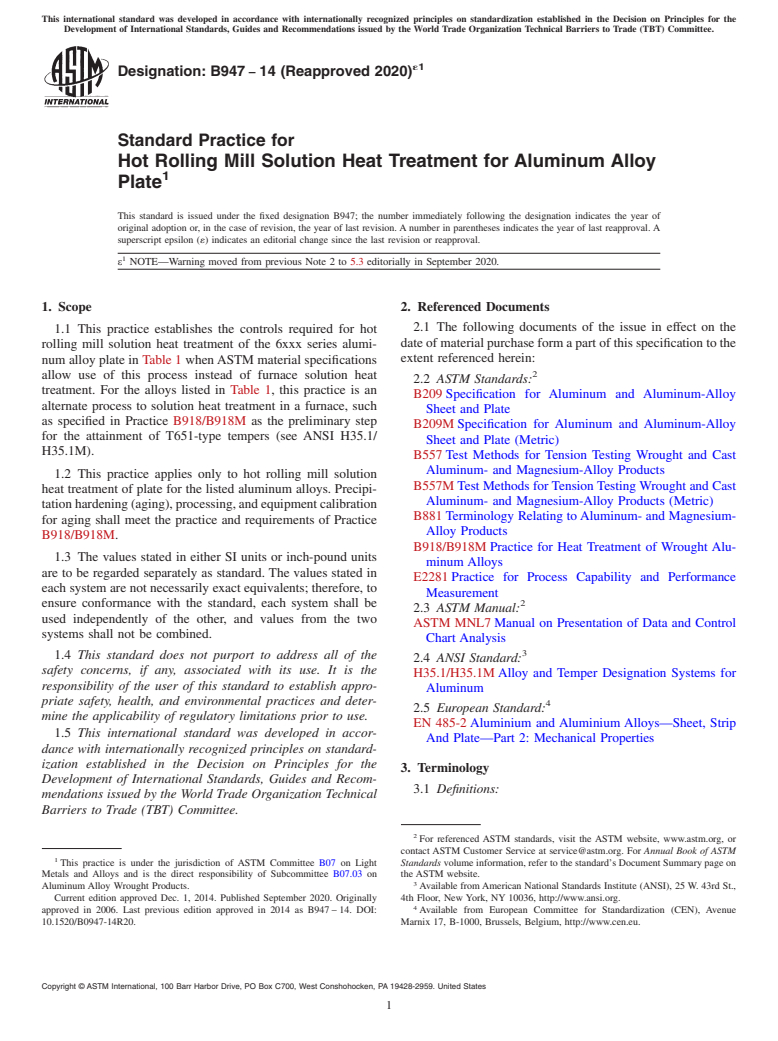 ASTM B947-14(2020)e1 - Standard Practice for  Hot Rolling Mill Solution Heat Treatment for Aluminum Alloy  Plate