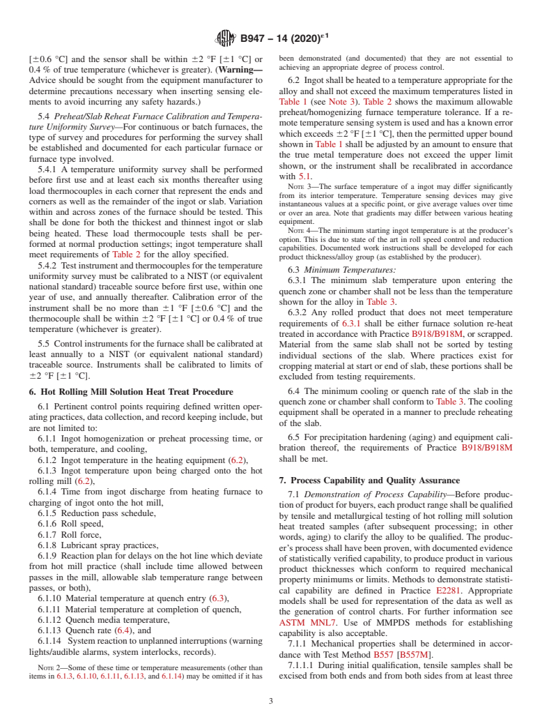 ASTM B947-14(2020)e1 - Standard Practice for  Hot Rolling Mill Solution Heat Treatment for Aluminum Alloy  Plate