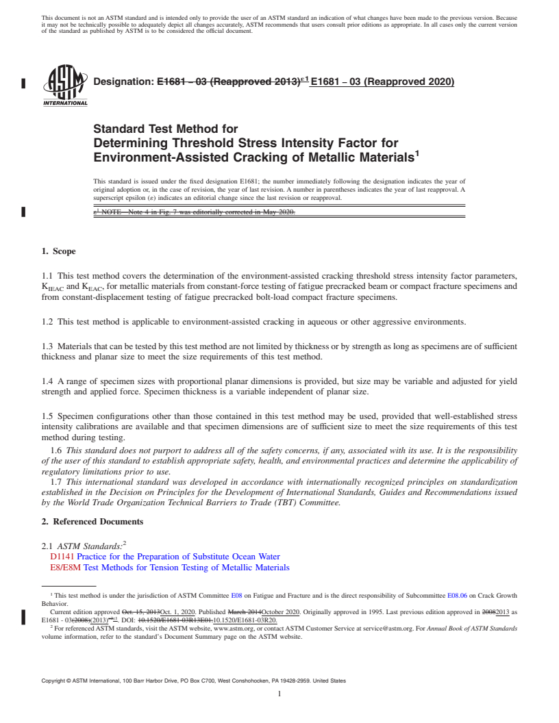 REDLINE ASTM E1681-03(2020) - Standard Test Method for  Determining Threshold Stress Intensity Factor for Environment-Assisted Cracking of Metallic Materials