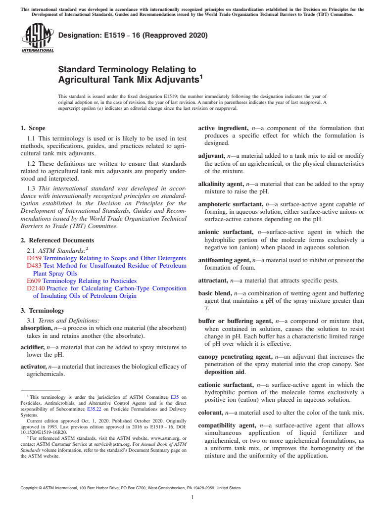 ASTM E1519-16(2020) - Standard Terminology Relating to  Agricultural Tank Mix Adjuvants