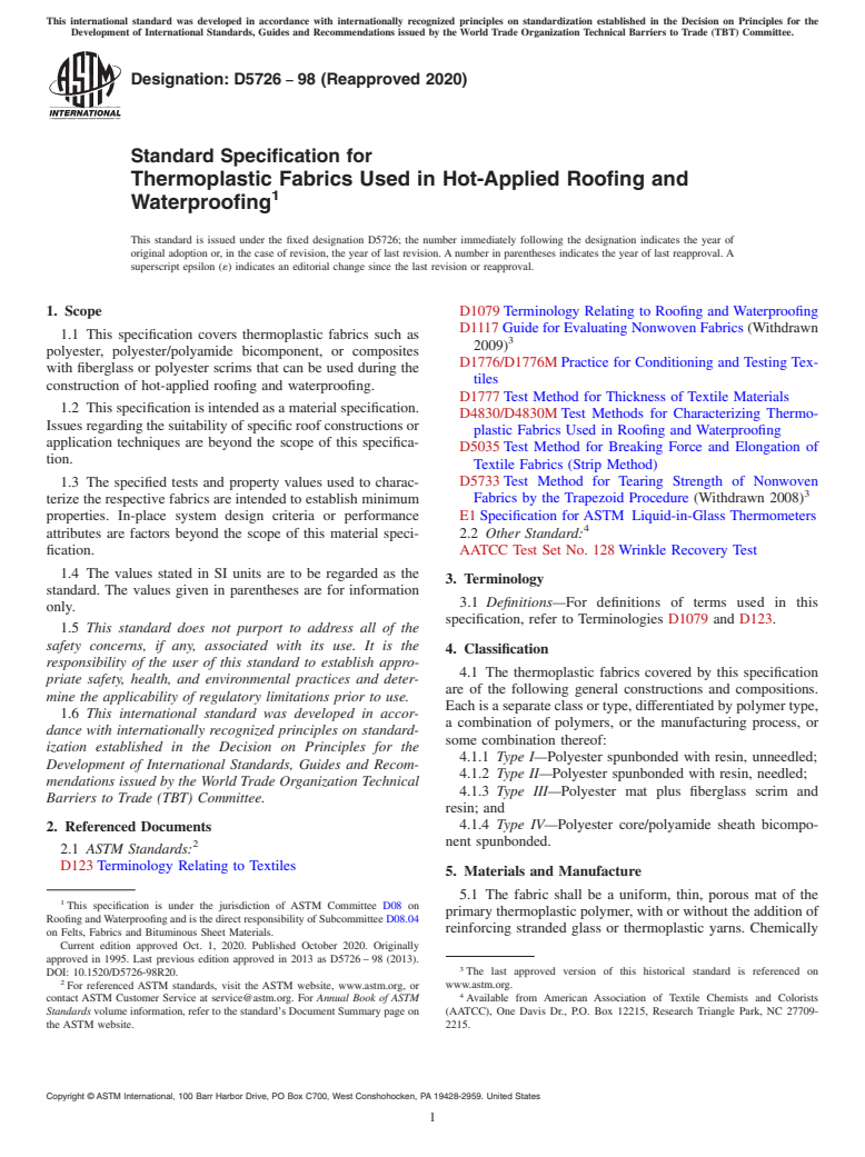 ASTM D5726-98(2020) - Standard Specification for Thermoplastic Fabrics Used in Hot-Applied Roofing and Waterproofing