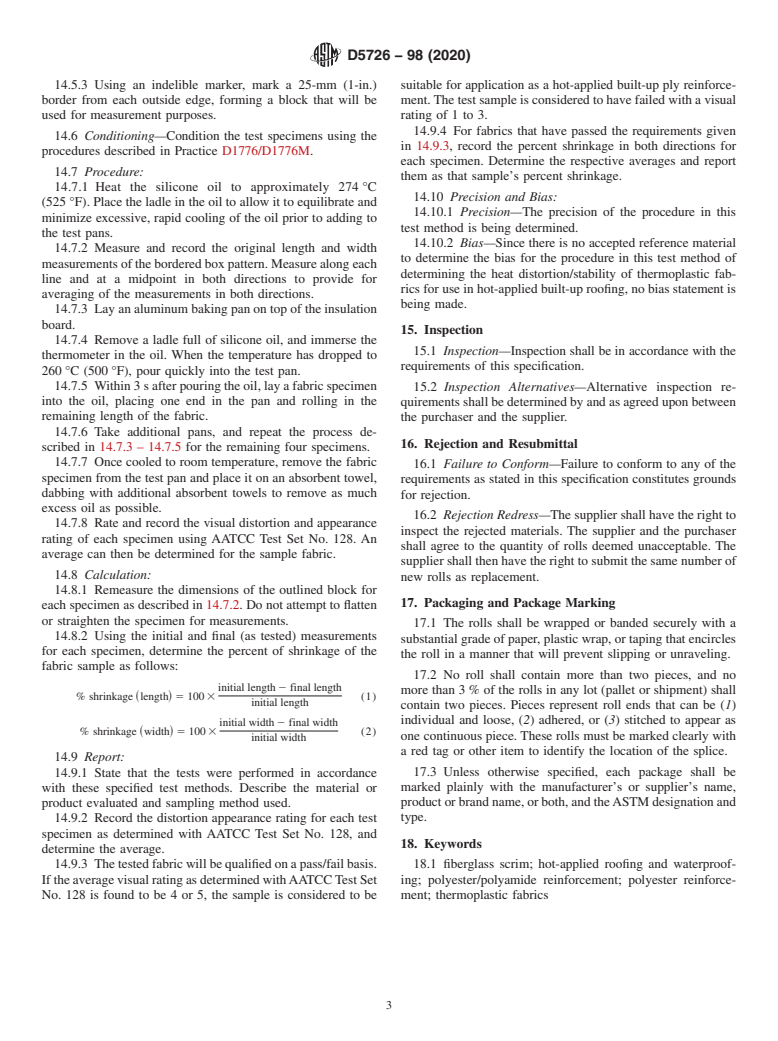 ASTM D5726-98(2020) - Standard Specification for Thermoplastic Fabrics Used in Hot-Applied Roofing and Waterproofing